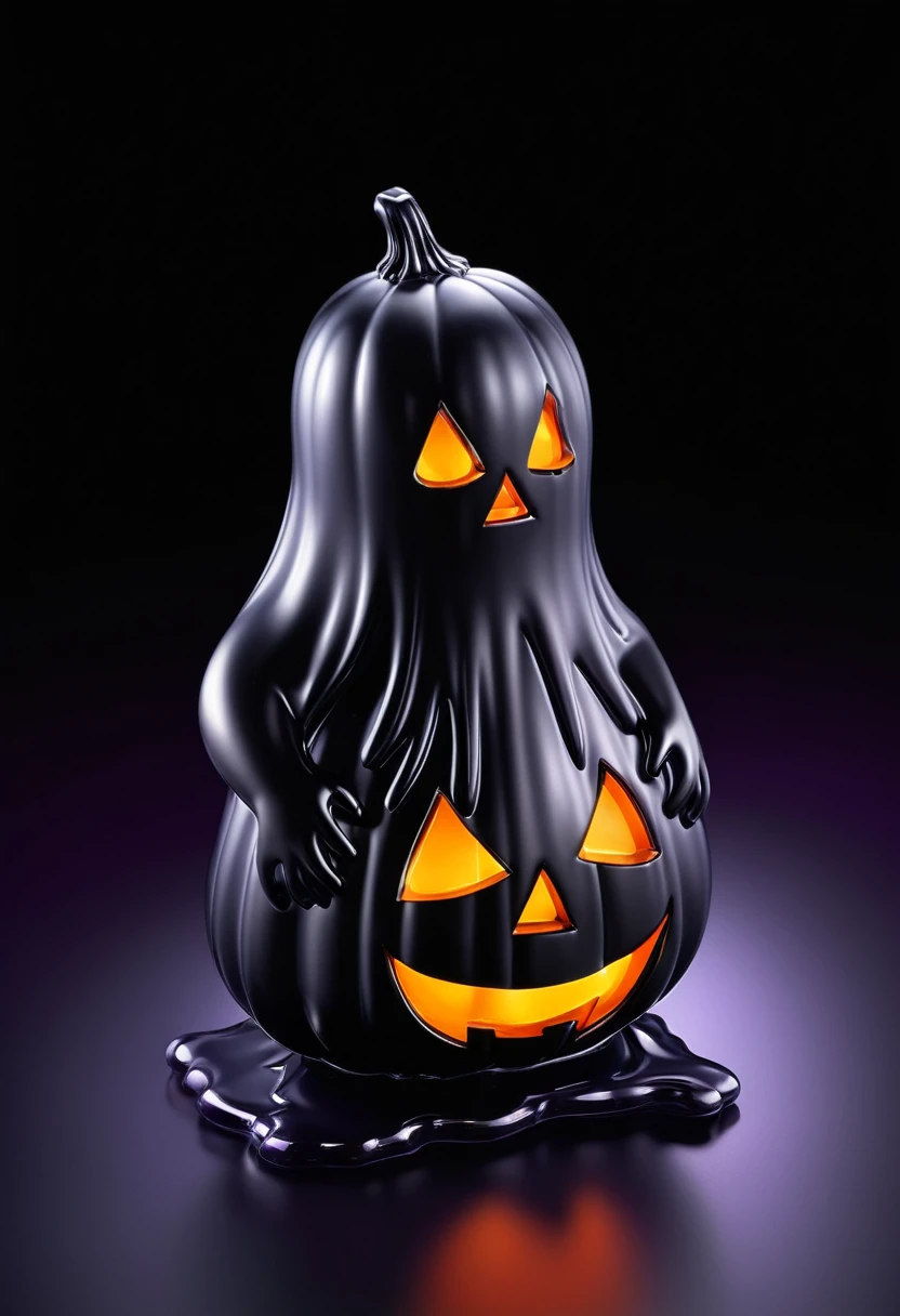 the Halloween Creature 3D icon, TransparentCute black ghosts and Jack-o'-lantern,Frosted graded translucent glass melt,Purplish black gradient background, right fullmodelisometric view --ar 3:4 --style expressive