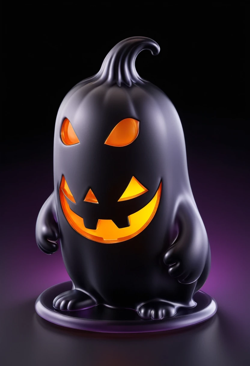 the Halloween Creature 3D icon, TransparentCute black ghosts and Jack-o'-lantern,Frosted graded translucent glass melt,Purplish black gradient background, right fullmodelisometric view --ar 3:4 --style expressive