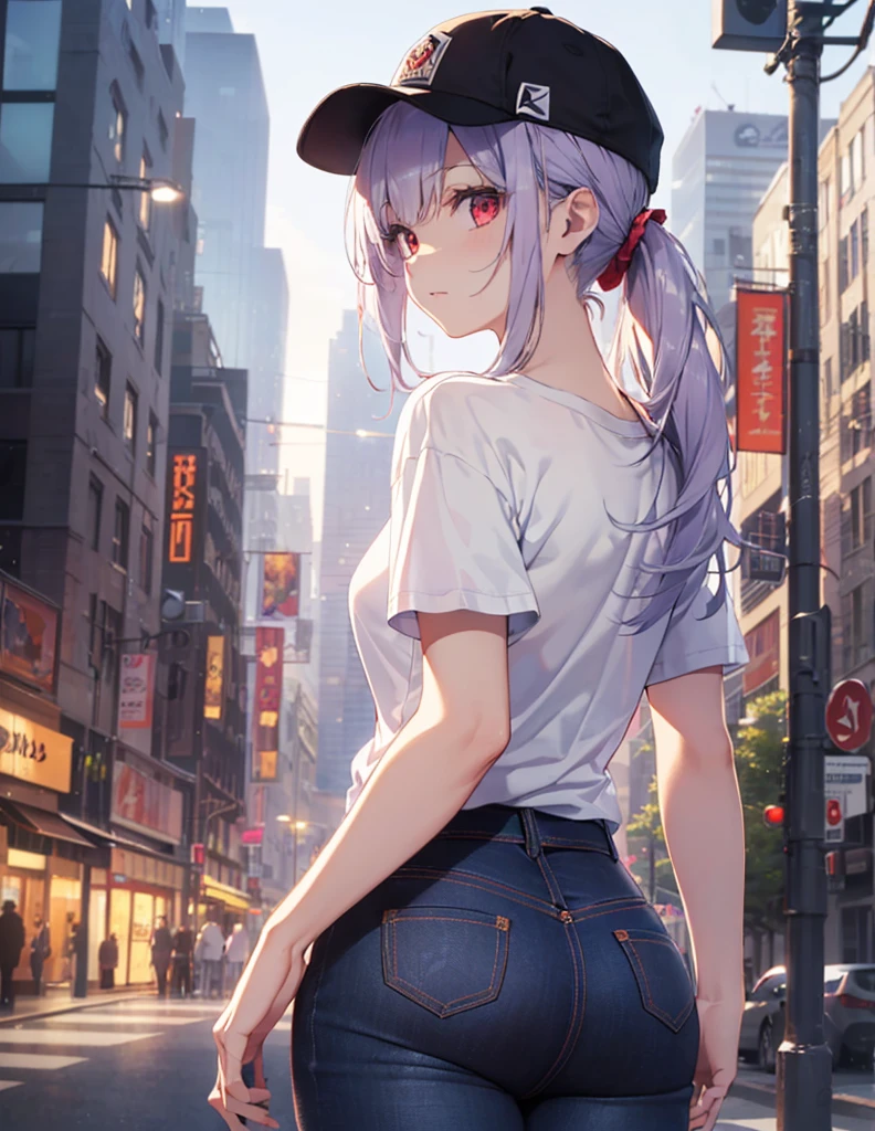 (Close-up:1.3),Realistic,Highest quality, Super detailed, High-quality CG rendering, The most delicate and beautiful, Floating softly, High resolution, (1 girl), (Highest quality,4K,8K,masterpiece:1.2), Light purple hair,(Very long ponytail:1.3),Red eyes,(Pure white oversized short sleeve T-shirt:1.3),(Black skinny jeans:1.3),(Pure white cap:1.3),In the city,old buildings,(whole body:1.3),(Turn your back to your audience:1.3),Butt