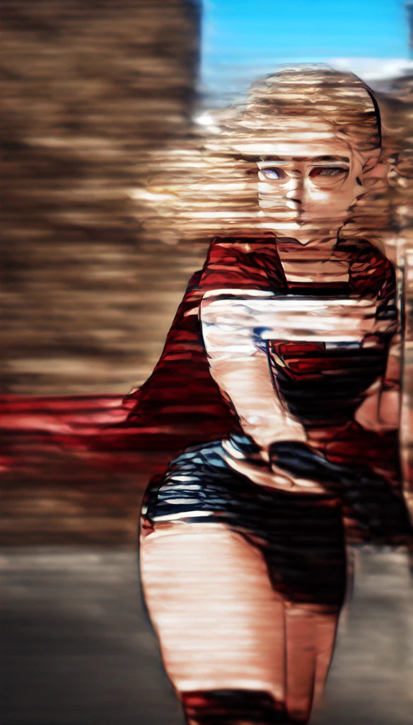 (cowboy shot), SFW, (masterpiece), (best quality: 1.0), (ultra highres: 1.0), detailed eyes, BREAK Supergirl, 1girl, long blonde hair, in the air, flying hair band, (((black\))) crop top, short sleeves, cape, (((black pencil skirt))), gloves, boots BREAK (Famous, interview, among audiences)