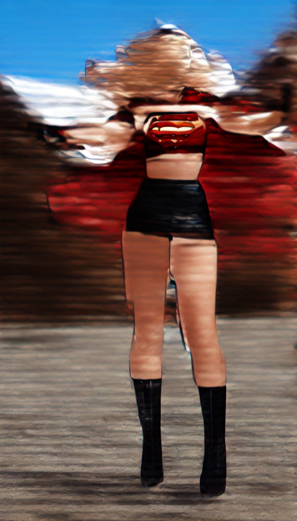 (cowboy shot), SFW, (masterpiece), (best quality: 1.0), (ultra highres: 1.0), detailed eyes, BREAK Supergirl, 1girl, long blonde hair, in the air, flying hair band, (((black\))) crop top, short sleeves, cape, (((black pencil skirt))), gloves, boots BREAK (Famous, interview, among audiences)
