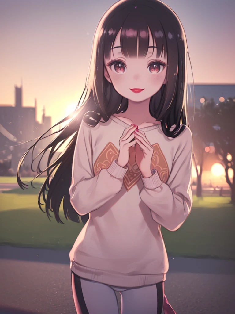 ((Highest quality: 1.5)) ((masterpiece)), Intricate details, ((detailed (((Baby, ([Flat Chest:Medium chest:0.6], (Soft pink jumper, White yoga pants)), Blackout Eye Makeup: 0.8), Straight hair [Black Hair:Blonde:0.7], smile, Shadow, Red lipstick, Outdoor, Remote city park, Bokeh, sunset)), 