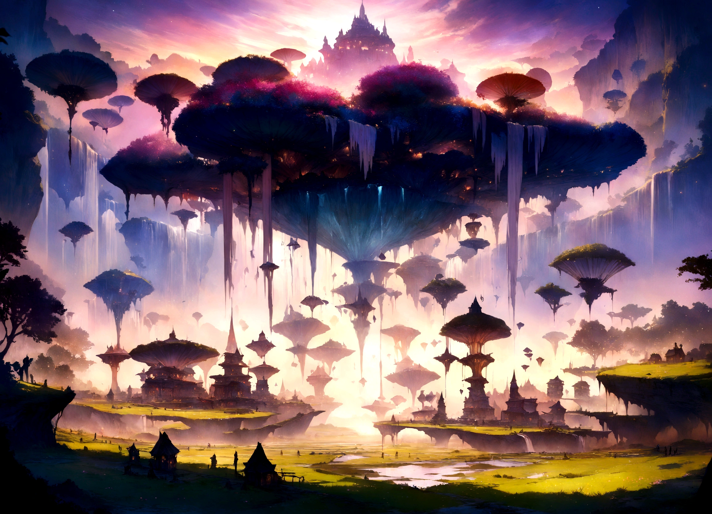 bell_field,bell,((masterpiece)),((best quality)),8K,High Detail,Extremely detailed,illustration,Concept Art,fantasy,A floating island,candy trees,Porcelain house, (floating waterfalls:1.1),(Floating islands in the sky:1.2),Magical Creatures,capturing the otherworldly beauty of a floating fantasy field