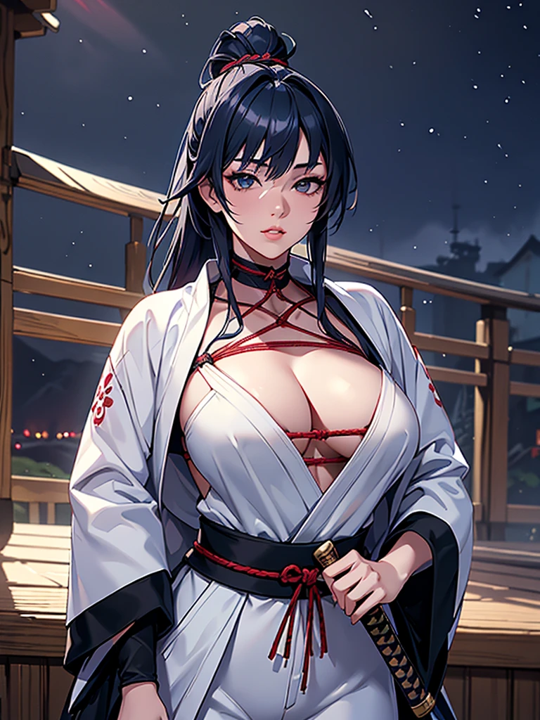 a female samurai, beautiful detailed eyes, beautiful detailed lips, extremely detailed face, long eyelashes, (katana sword on hip:1.2),hyper realistic lighting,(super detailed:1.3),((best quality:1.2)),((masterpiece:1.2)),female focus,lonely beauty,detailed face,detailed lips,(nighttime:1.6),(standing in a medieval europe castletown),(eclipse),cowboy shot,cleavage,((shibari across bare breasts:1.125)),topknot,muted dark blue hair,white samurai coat,black samurai (pants)