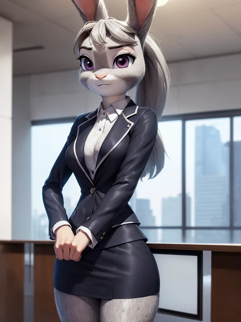 best quality, masterpiece, 3D anime, (((solo))), (((1girl))),  ((Face is JudyHopps)), (long ears like a rabbit:0.8), Heir is in a black ponytail style, Body is human lady, 	Navy blue business suit, Tailored jacket, White blouse, Skirt, (the suit is made of wool:1.4), suit color is {gray, black, stripe}, ((skin is silver with fluffy and fluffy)), (portrait view), In the background there is a office space, Her expression shows subtle makeup, with a sense of nervousness and determination, ((Standing with a straight posture, Be mindful of correcting your posture))