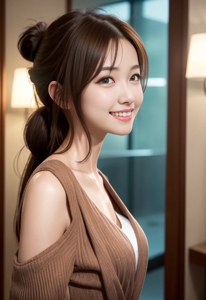 (Best Quality), (masutepiece), (High resolution), (Intricate details:0.2),(Professional Lighting), dressing gown, Detailed background,off shoulders, (Previous view), 1girl in, Solo, (Beautiful face), Slim body, Fine skin, Smile, brown hair in a ponytail, ...