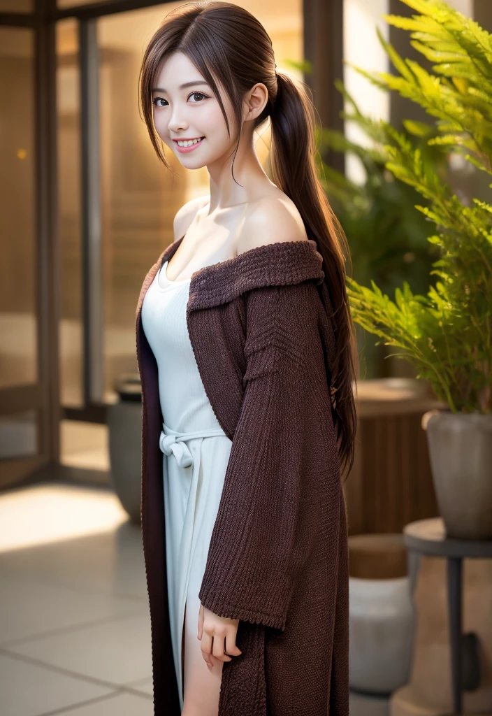 (Best Quality), (masutepiece), (High resolution), (Intricate details:0.2),(Professional Lighting), dressing gown, Detailed background,off shoulders, (Previous view), 1girl in, Solo, (Beautiful face),  Slim body, Fine skin, Smile, brown hair in a ponytail, ...