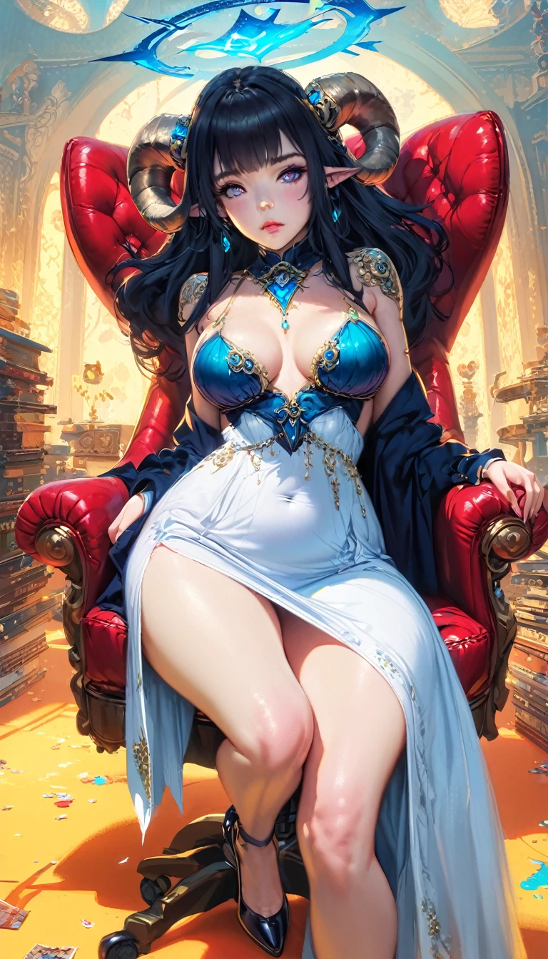best quality,4k,8k,highres,masterpiece:1.2),ultra-detailed, extremely detailed eyes, extremely detailed body, (large masterpiece digital art), (detailed manga illustration), (detailed line art), ((perfect anatomy)), (intricate details:1.3), (ultra-detailed:1.3), (illustration:1.3), (sharp focus:1.3), (natural lighting:1.05), (vivid colors:1.3), (masterpiece), (best quality:1.4), (perfect anatomy:1.4), high quality, expressive eyes, full body, detailed face, beautiful face, perfect face, 1 girl, medium breasts, black hair, curly hair, wild hair, detailed hair, white dress shirt, black pants, pale skin, sapphire-blue eyes, demon, blue halo, sheep horns, curled horns, (horizontal pupils), sexy face, pointy ears, splash art, the demon girl, curvy, sitting in an office chair at a desk with feet on desk, black high heels, cinematic lighting, dramatic atmosphere, Atey Ghailan, Jeremy Mann, Greg Manchess, Antonio Moro, trend in ArtStation, trend in CGSociety, Intricate, High Detail, Sharp focus, dramatic and photorealistic painting art by Midjourney and Greg Rutkowski, Jeff Bridges, ((cartoon style)), Marvel Cinematic Universe style