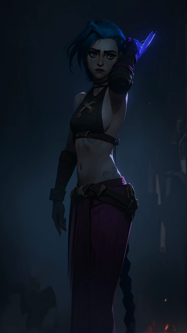 (masterpiece, Best quality), 1 girl, crying, portrait, very sexy, full length (full body 1.1.), очень feminine,  breasts, Beautiful waist, gloomy composition, flame, fire, Flash, very beautiful, feminine, long hair, hair braided in long braids, very sexy, emphasis on the eyes, face accent, Beautiful face, Hands, Hair, Haired ponytail, tie ,red purple eyes, Джинкс crying, Blue cloud tattoo, (masterpiece, Best quality), Side lighting, beautiful detailed eyes, crazy face), (Best quality), (masterpiece), magic photography, Spectacular lighting, Photorealism, ultra detailed, интимная portraitная композиция, 1. 4,8 k UHD, aesthetic, Cd., A high resolution, 8 k, better lighting, Best shade, Ultra-HD, A high resolution, sharp focus, Complex background, Cinematic lighting, ((Landscape view)), 4K block, (better lighting), ((Cinematic lighting)),