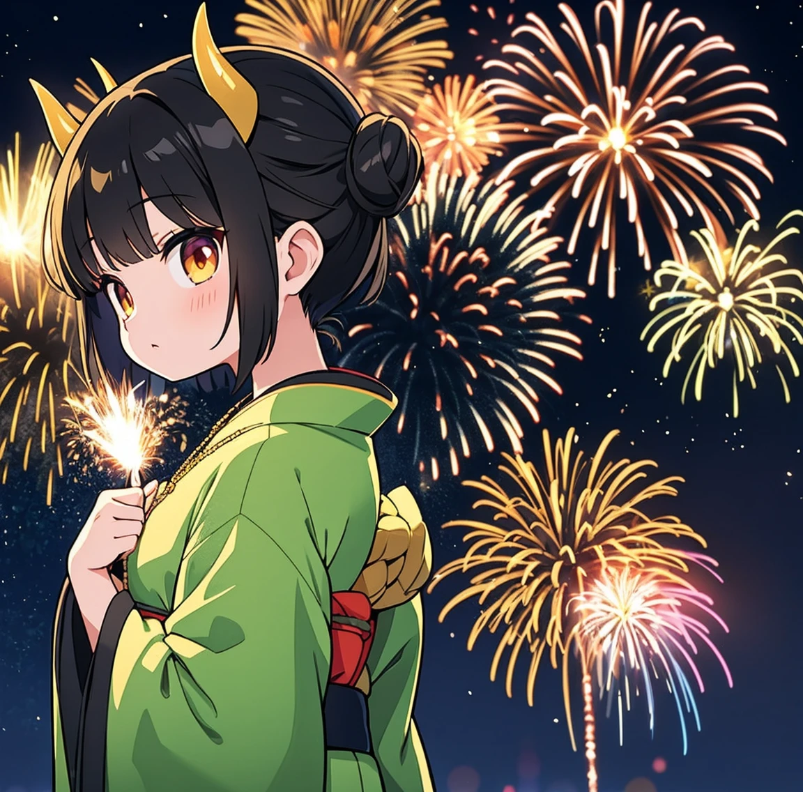 1 person、Green gorgeous kimono、,race,Black Hair、Short bun hair、hair ornaments、necklace、back、Golden devil horns、Anatomically correct,Fireworks in the night sky、