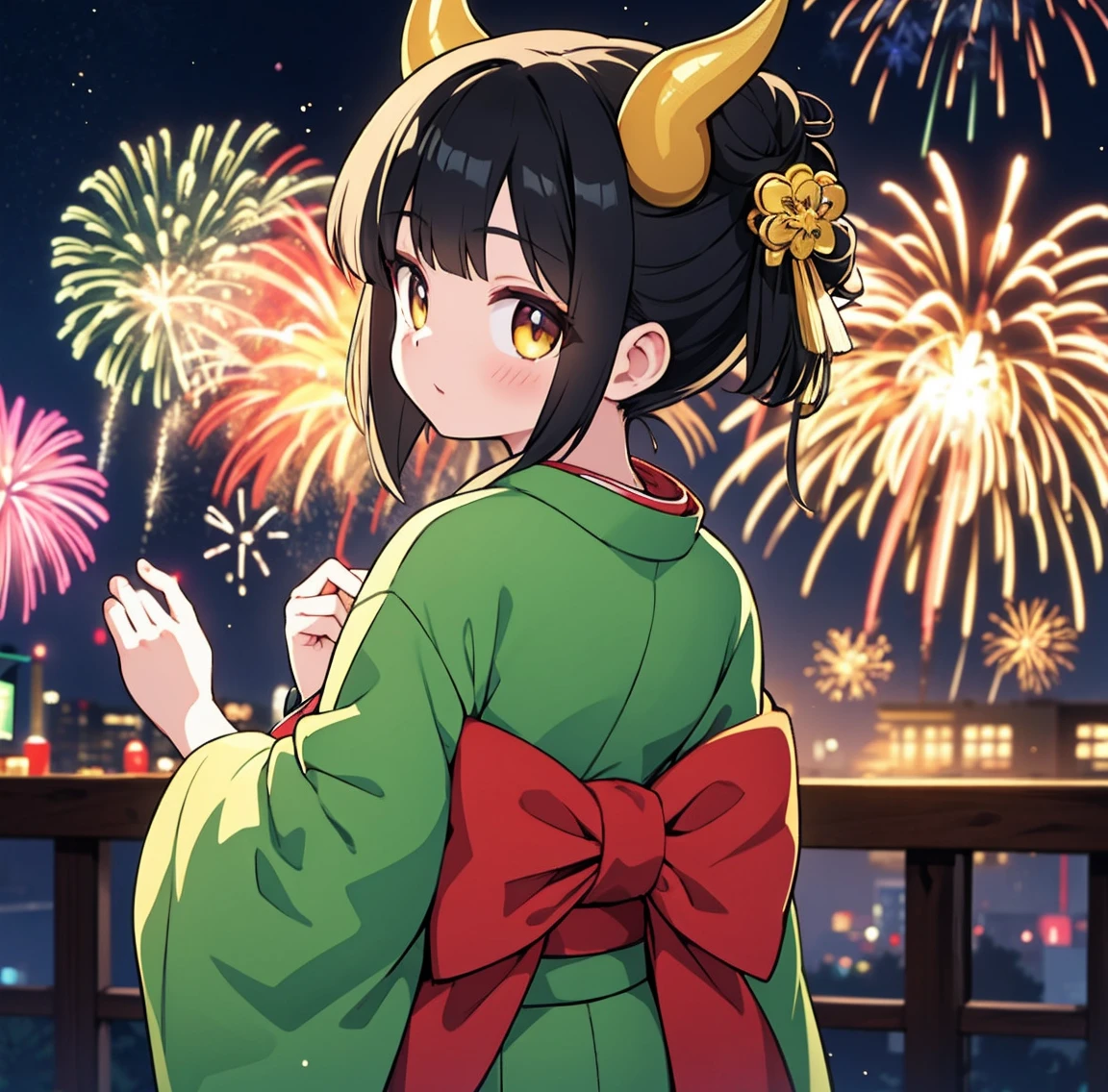 1 person、Green gorgeous kimono、,race,Black Hair、Short bun hair、hair ornaments、necklace、back、Golden devil horns、Anatomically correct,Fireworks in the night sky、
