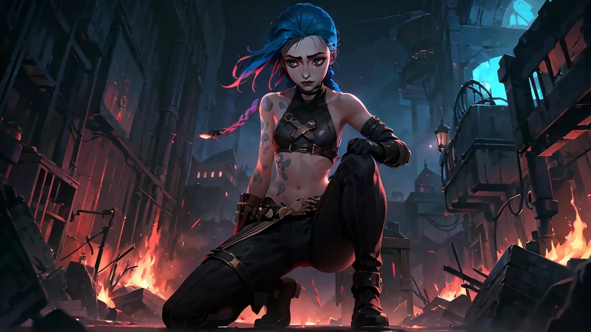 (masterpiece, Best quality), 1 girl, portrait, very sexy, crazy look, smile, crying, pink tears, tears on the cheeks, tears from eyes, full length (full body 1.1.), очень feminine, fighting stance, battle, fire, explosions, burning city, Beautiful waist, gloomy composition, flame, fire, Flash, very beautiful, feminine, long hair, hair braided in long braids, very sexy, tight leather pants, emphasis on the eyes, face accent, Beautiful face, Hands, Hair, Haired ponytail, red purple eyes, Джинкс crying, Blue cloud tattoo, (masterpiece, Best quality), Side lighting, beautiful detailed eyes, crazy face), (Best quality), (masterpiece), magic photography, Spectacular lighting, Photorealism, ultra detailed, интимная portraitная композиция, 1. 4,8 k UHD, aesthetic, Cd., A high resolution, 8 k, better lighting, Best shade, Ultra-HD, A high resolution, sharp focus, Complex background, Cinematic lighting, ((Landscape view)), 4K block, (better lighting), ((Cinematic lighting)),