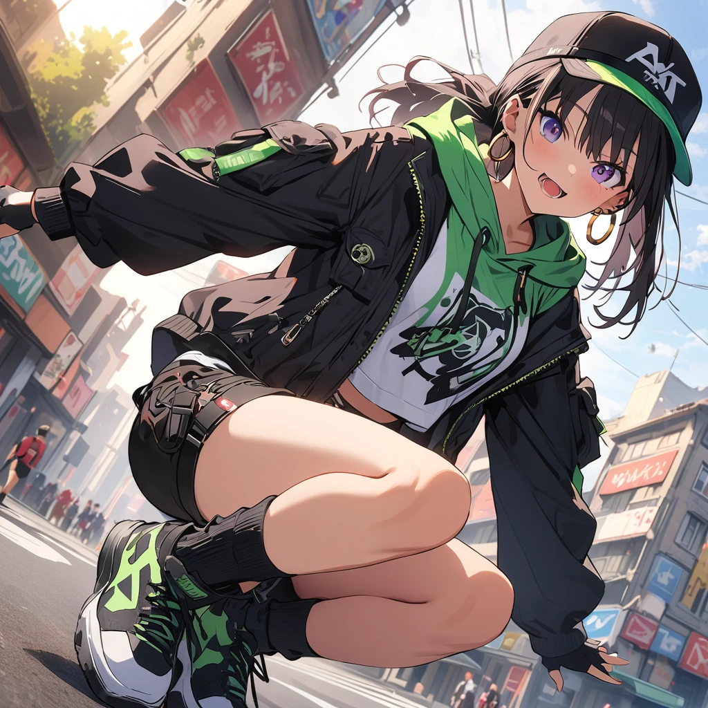 1girl,
BREAK
//Fashions 
Urban B-Girl,
Capture the urban vibe of breakdancing with a cool and edgy ensemble, Start with a cropped tank top or sports  in a bold color like neon green or electric blue, Pair it with high-waisted baggy cargo pants featuring plenty of pockets and room for movement, 
BREAK
Layer over the top with a loose-fitting graphic tee or hoodie for a relaxed streetwear look, Complete the outfit with high-top sneakers for comfort and support, and accessorize with chunky hoop earrings, a snapback hat, and wristbands or fingerless gloves for added flair,
BREAK,(highest quality、masterpiece、High resolution、detailed)、animeスタイル、Flat Style、(Enjoying skateboarding),  BREAK,extremely detailed、Fun Themes、Dynamic Angle、anime