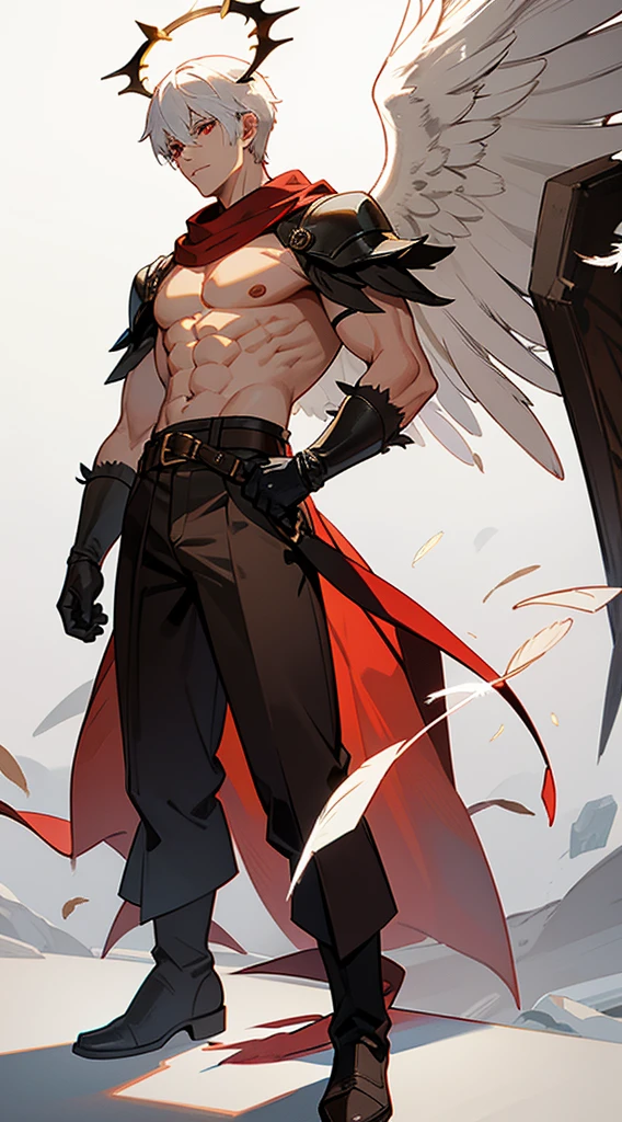 Handsome man, white hair, very short hair, ((crew cut: 1)), red eyes, fair skin, ((muscular: 1)), man, 28 years old, muscular, in good shape, muscular. no shirt, gold details, brown leather shawl, baggy gray pants, black and brown belts, black boots, brown gloves, lots of belts, red halo, halo behind the head, feathers flying, horns on the head, feathers falling, angel transformation, transformation Demon, human will not transform, three transformations, black feathers, white feathers, elemental power of light, elemental power of shadow, a seraph of chaos, several skeleton hands, power of death, power of life.
