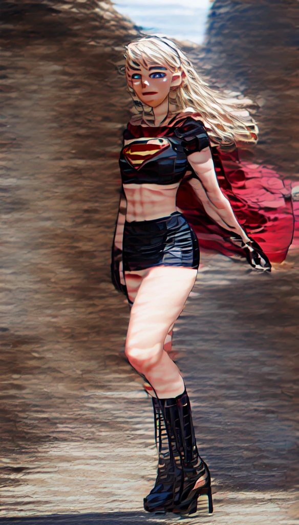 (cowboy shot), SFW, (masterpiece), (best quality: 1.0), (ultra highres: 1.0), detailed eyes, BREAK Supergirl, 1girl, long blonde hair, in the air, flying hair band, (((black\))) crop top, short sleeves, cape, (((black pencil skirt))), gloves, boots BREAK (Famous, interview, among audiences)
