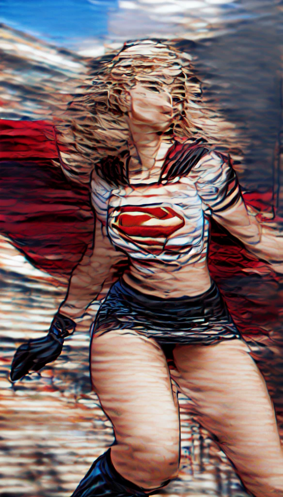(cowboy shot), SFW, (masterpiece), (best quality: 1.0), (ultra highres: 1.0), detailed eyes, BREAK Supergirl, 1girl, long blonde hair, in the air, flying hair band, (((black\))) crop top, short sleeves, cape, (((black pencil skirt))), gloves, boots BREAK (Famous, interview, among audiences)
