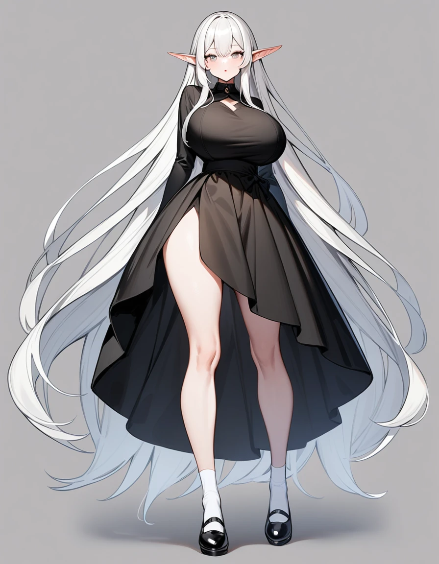 girl, White hair, Very long hair, elf, grey eyes, , black , big breasts, White socks, black обувь, full height,