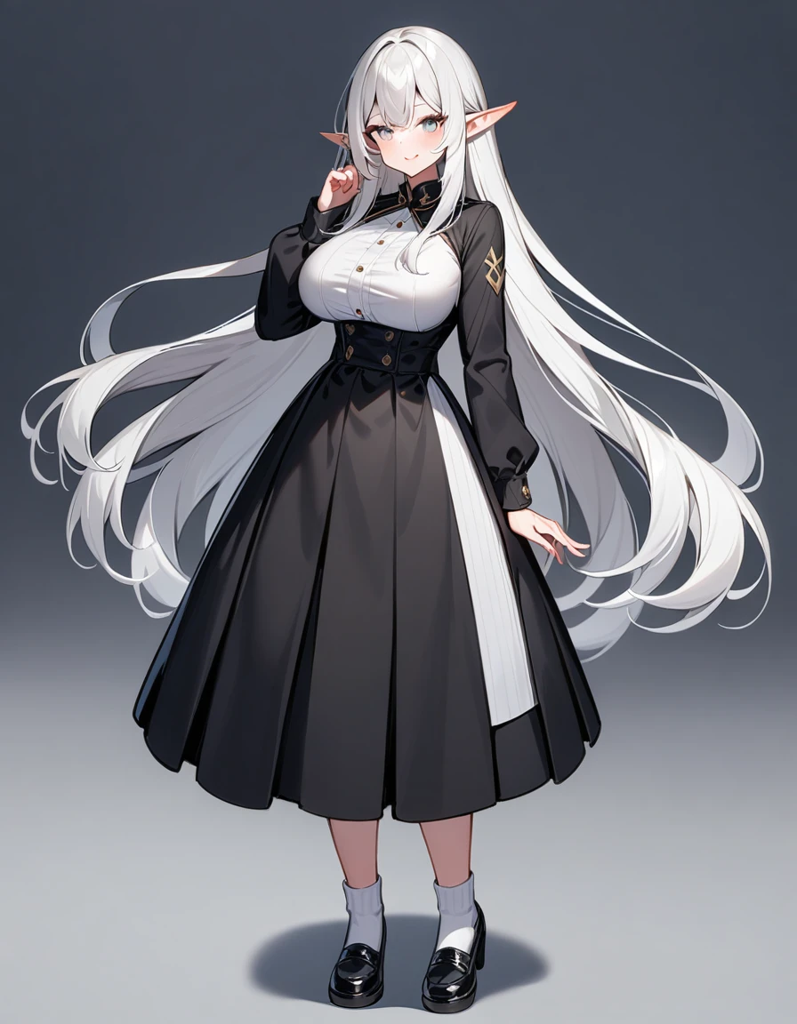 girl, White hair, Very long hair, elf, grey eyes, , black , big breasts, White socks, black обувь, full height,