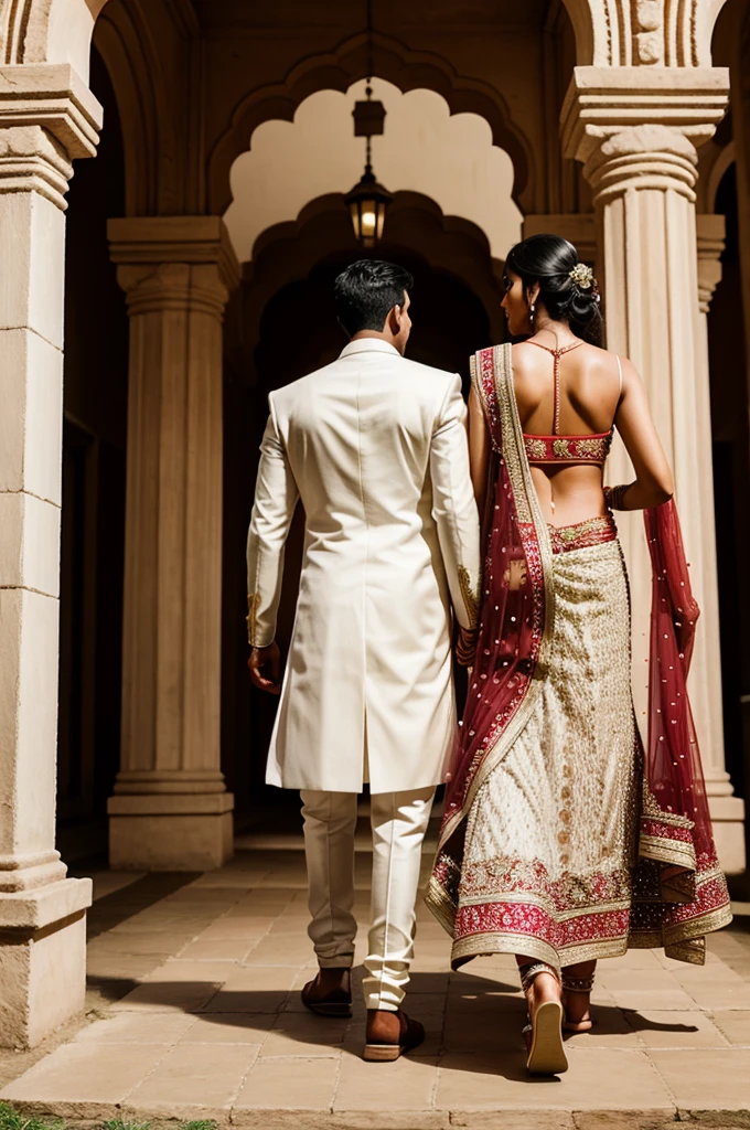 
Indian bride and groom walking through the steps back view 3d image