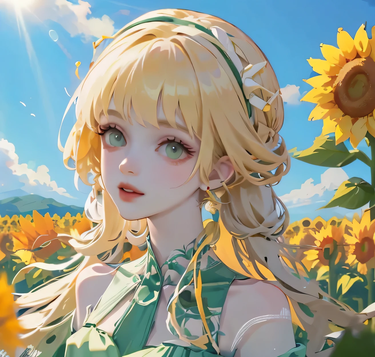 (high quality) (best quality) (a woman) (correct physiognomy) Woman, blonde hair with bangs on her forehead, Flower crown on her head, green eyes, tender lips, middle age, olive green summer dress with print of flowers, location of the photo, the woman must be in the middle of a field of sunflowers, lighting of the photo: sunlight, proportion from head to hips..