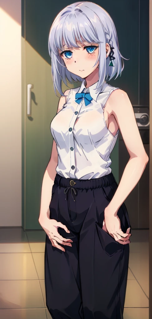 1 girl, kanon kanase,  blush, medium breasts, sleeveless,((( shirts, pants))),  20-year-old, healthy skin, closed mouth, (indoors), detailed eyes.