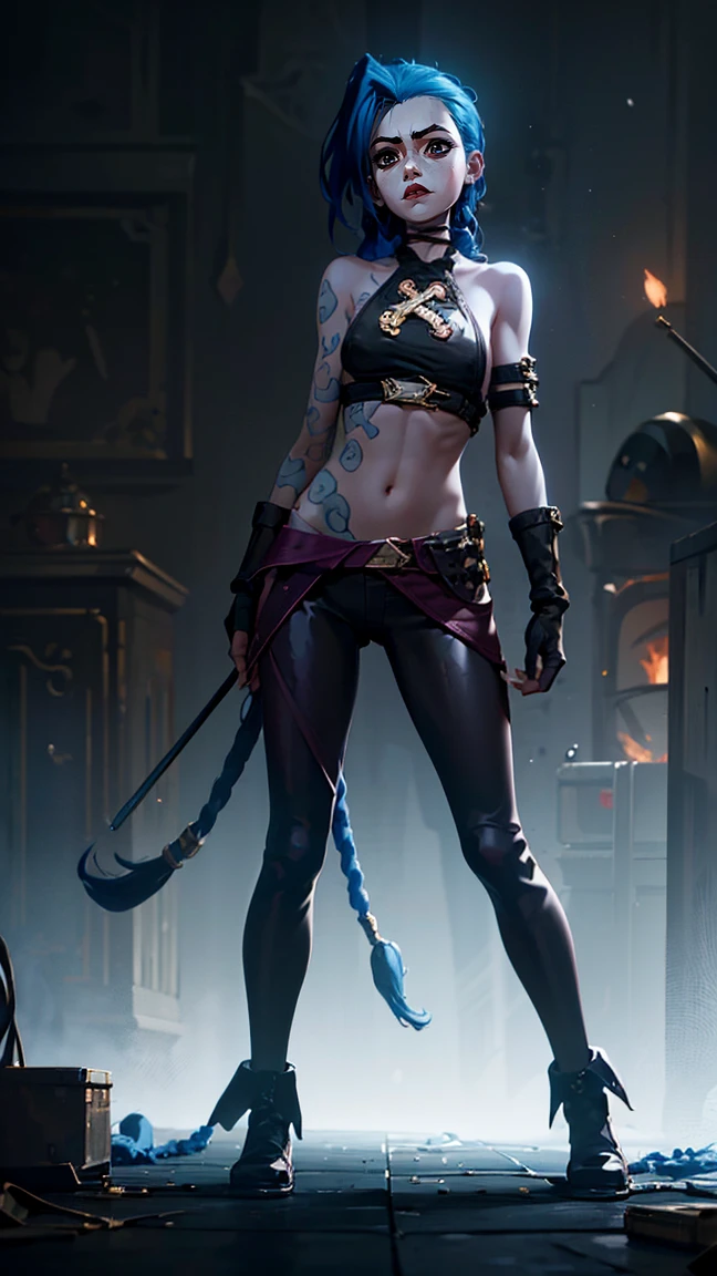 (masterpiece, Best quality), 1 girl, portrait, very sexy, crazy look, smile, crying, pink tears, tears on the cheeks, tears from eyes, full length (full body 1.1.), очень feminine, fighting stance, battle, fire, explosions, burning city, Beautiful waist, gloomy composition, flame, fire, Flash, very beautiful, feminine, long hair, hair braided in long braids, very sexy, tight leather pants, emphasis on the eyes, face accent, Beautiful face, Hands, Hair, Haired ponytail, red purple eyes, Джинкс crying, Blue cloud tattoo, (masterpiece, Best quality), Side lighting, beautiful detailed eyes, crazy face), (Best quality), (masterpiece), magic photography, Spectacular lighting, Photorealism, ultra detailed, интимная portraitная композиция, 1. 4,8 k UHD, aesthetic, Cd., A high resolution, 8 k, better lighting, Best shade, Ultra-HD, A high resolution, sharp focus, Complex background, Cinematic lighting, ((Landscape view)), 4K block, (better lighting), ((Cinematic lighting)),