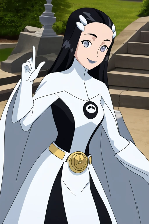 8k,highres,absurdres,masterpiece,best quality,original,extremely detailed CG,extremely detailed wallpaper,perfect, Phantom girl, Tinya Wazzo, solo, girl1, long black hair, bodysuit. grey eyes, smile, white hair ornament, ghost logo, grey lips, sanpaku, belt, white cape, white gloves, best quality, masterpiece, cowboy shot, park