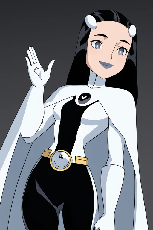 8k,highres,absurdres,masterpiece,best quality,original,extremely detailed CG,extremely detailed wallpaper,perfect, Phantom girl, Tinya Wazzo, solo, girl1, long black hair, bodysuit. grey eyes, smile, white hair ornament, ghost logo, grey lips, sanpaku, belt, white cape, white gloves, best quality, masterpiece, cowboy shot, park