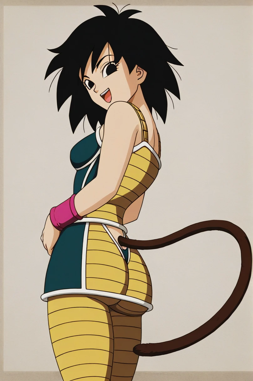 ((Fondo de pantalla CG unity 4k extremely detailed)),(Masterpiece),(Ultra quality),(ultra detailed),(best illustration),(best shadow),(extremely detailed),(absurdities),(detailed background), sexy butt, backwards, armor pegada, 1 girl, Alone, black fur, Open mouth, saiyan armor, black eyes, armor, short hair, wristband, SMILE, happy, medium senos, noticeable firm breasts, bare shoulders, looking at the viewer, sexy body, tight butt