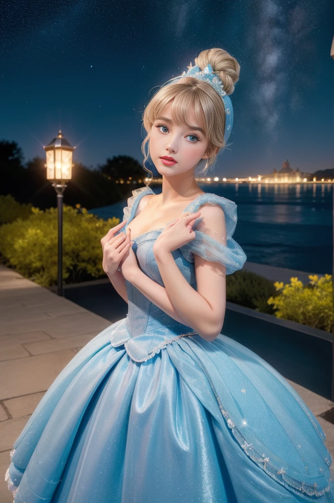 ((masterpiece:1.2), best quality, highres, ultra-detailed), solo, 1girl,
(CinderellaWaifu,princess cinderella from disney,beautiful skin,swept bangs,top knot:1.4),(18 years old,large breasts,sexy eyes,turquoise eyes,blonde hair:1.1),elegant face,(blue headband:1.3),
princess,
(1girl, solo:1.4), cowboy shot,(light blue rococo style gown:1.4), long gloves, looking at viewer, (outdoor,at night,castle,starry sky:1.2),cute pose 