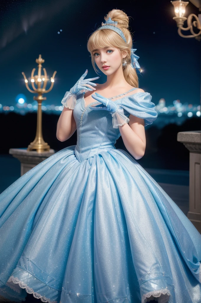 ((masterpiece:1.2), best quality, highres, ultra-detailed), solo, 1girl,
(CinderellaWaifu,princess cinderella from disney,beautiful skin,swept bangs,top knot:1.4),(18 years old,large breasts,sexy eyes,turquoise eyes,blonde hair:1.1),elegant face,(blue headband:1.3),
princess,
(1girl, solo:1.4), cowboy shot,(light blue rococo style gown:1.4), long gloves, looking at viewer, (outdoor,at night,castle,starry sky:1.2),cute pose
