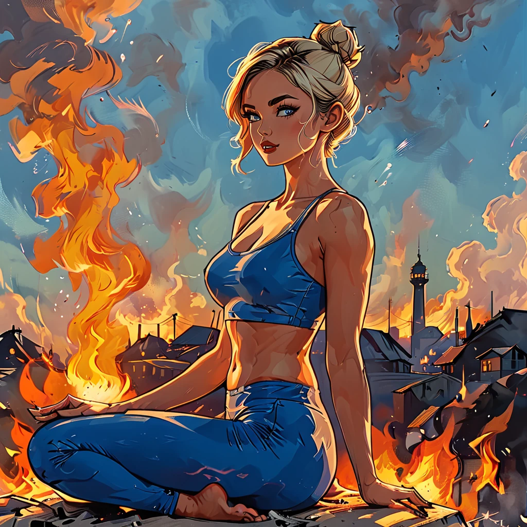 
((side view)), girl sitting on the fire against the background of fire, open mouth, 
 sitting on the flame, fire, side view girl sits in the lotus position, fiery sky, skyline, only fire, smoke,
girl in blue Half top wrestler and blue Elastic shorts look at the side, adult, [Nordic], Hourglass elongated fitness body, perfect Olive skin, Oval Face, Long neck, Rounded shoulders, perfect hand,  Attached Pointed ears, round forehead, Short blonde Waves pixie hair, snub nose, Arched eyebrows, Monolid blue Eyes, High Round Narrow cheekbones, Dimpled Cheeks, Rounded Chin, Rounded Jawline, Fine Puppet Wrinkles, Full nude Lips, (blue eyes), Nude Makeup Look, long eyelashes,  third breast size,  
 graphic style of novel comics, 
2d, 8k, iMax, hyperrealism, masterpiece, high resolution, best quality, ultra-detailed, super realistic, Hyperrealistic art, high-quality, ultra high res, highest detailed, lot of details, Extremely high-resolution details, incredibly lifelike, colourful, 