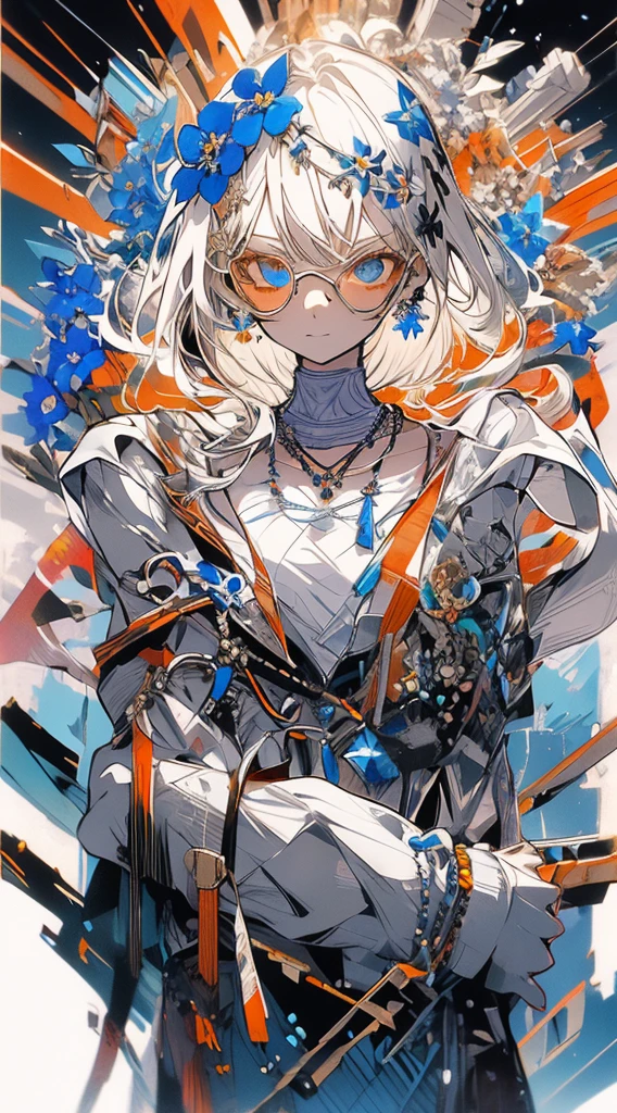 , (masterpiece:1.2), Highest quality,The middle of a journey,
alone, Colored glasses, jewelry, hair ornaments, View your viewers, Black background, One girl, short hair, blue eyes, Earrings, Simple Background, flower, Upper Body, hair flower, orange-Colored glasses, sunglasses, necklace, Jacket, Mouth closed, flower柄プリント, bangs, Blonde, Gray Hair, compensate, Round Glasses, Earrings、In a completely different expression