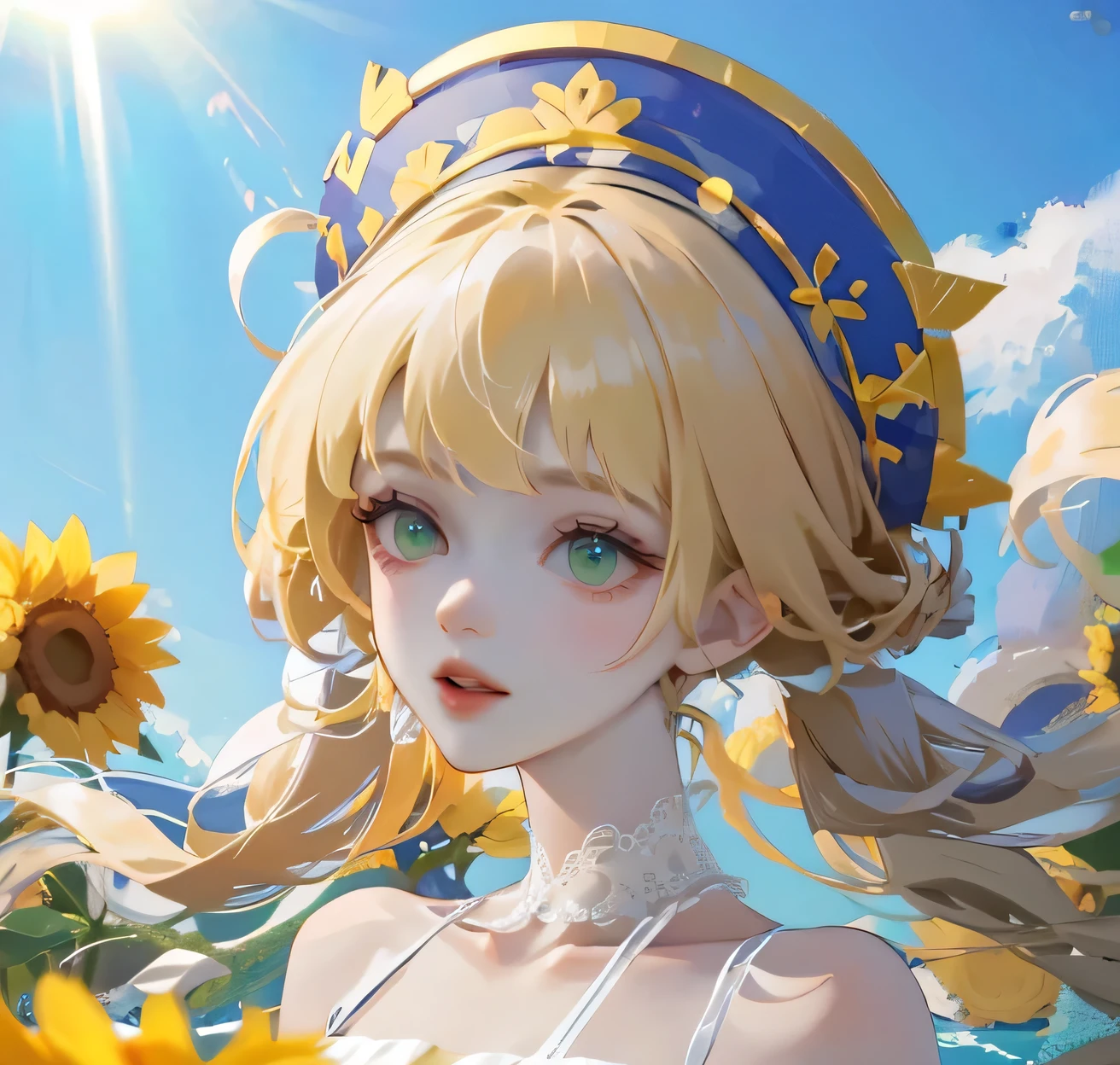 (high quality) (best quality) (a woman) (correct physiognomy) Woman, blonde hair with bangs on her forehead, Flower crown on her head, green eyes, tender lips, middle age, olive green summer dress with print of flowers, location of the photo, the woman must be in the middle of a field of sunflowers, lighting of the photo: sunlight, proportion from head to hips..