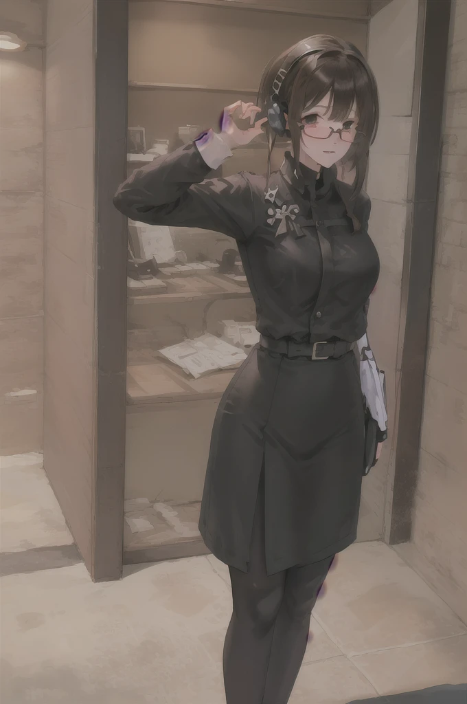 Character setting image, character sheet, whole body, entire body, full body, total body, standing, upright stance, erect posture, athletic shoes, with waist, light solid color background, 20-years-old beautiful female, black rim glasses, wearing white headphones, black hair, date clothes, Midsummer formal attire, civilian clothes, intellectual atmosphere, knowledge, scholarship, enthusiasm, front of whole body, immersion, concentration, sense of accomplishment, cinematic lighting, masterpiece, top quality, 4K, academic atmosphere, (masterpiece), (best quality), ultra-high res, sharp focus