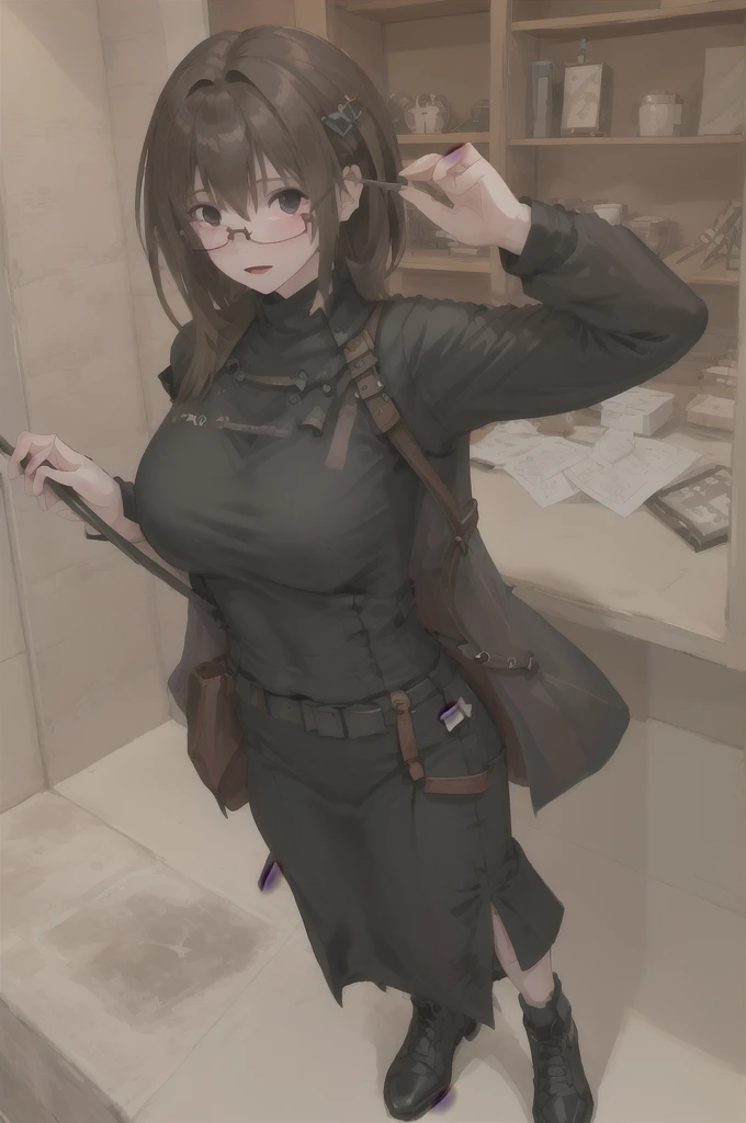 Character setting image, character sheet, whole body, entire body, full body, total body, standing, upright stance, erect posture, athletic shoes, with waist, light solid color background, 20-years-old beautiful female, black rim glasses, wearing white headphones, black hair, date clothes, Midsummer formal attire, civilian clothes, intellectual atmosphere, knowledge, scholarship, enthusiasm, front of whole body, immersion, concentration, sense of accomplishment, cinematic lighting, masterpiece, top quality, 4K, academic atmosphere, (masterpiece), (best quality), ultra-high res, sharp focus