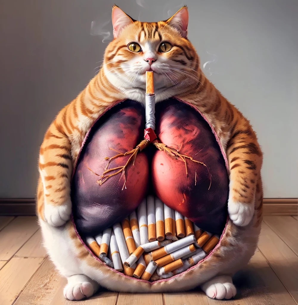 arafed cat sitting on a wooden floor with a cigarette in its mouth, cat smoking a cigarette, Cat smoking a cigar, Fat Cat, Fat Cat superhero, Surreal illustration, Surreal illustration, obesity ), Big Mouth Cat, Surreal illustration, smoking body, cigarettes, highly realistic photograph, morbidly obesity, Hyperrealistic illustrations, obesity, cigarette