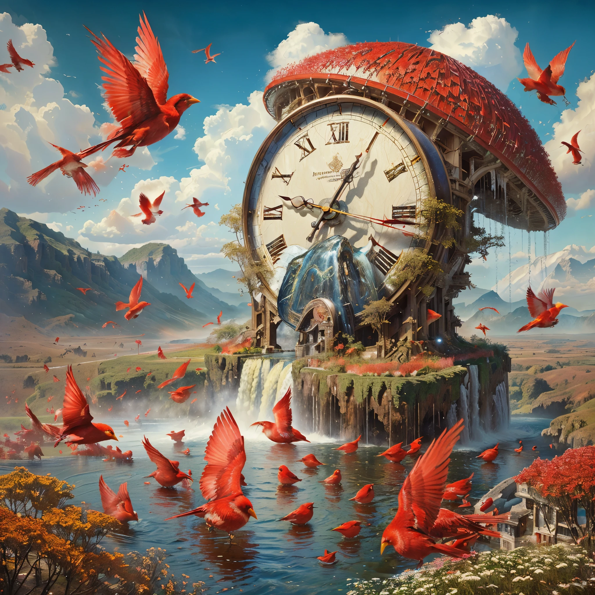painting of a clock with a waterfall and red birds flying around, surreal and fantasy art, caught in the flow of time, surreal art, epic surrealism 8k oil painting, 4 k surrealism, surrealism art, fantasy surrealism, dreamlike surrealism, surrealistic painting, adrian borda, in the flow of time, magical realism bizarre art, surrealistic digital artwork