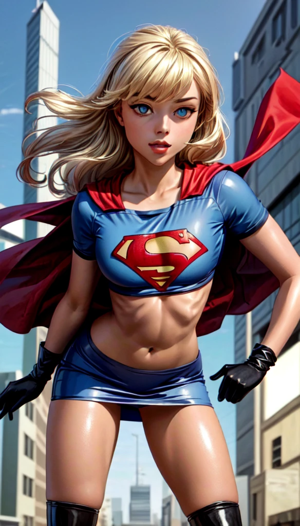 (cowboy shot), SFW, (masterpiece), (best quality: 1.0), (ultra highres: 1.0), detailed eyes, BREAK Supergirl, 1girl, long blonde hair, in the air, flying hair band, (((black\))) crop top, short sleeves, cape, black pencil skirt), gloves, boots BREAK (Famous, interview, among audiences)
