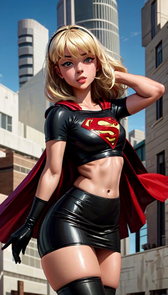 (cowboy shot), SFW, (masterpiece), (best quality: 1.0), (ultra highres: 1.0), detailed eyes, BREAK Supergirl, 1girl, long blonde hair, in the air, flying hair band, (((black\))) crop top, short sleeves, cape, black pencil skirt), gloves, boots BREAK (Famous, interview, among audiences)
