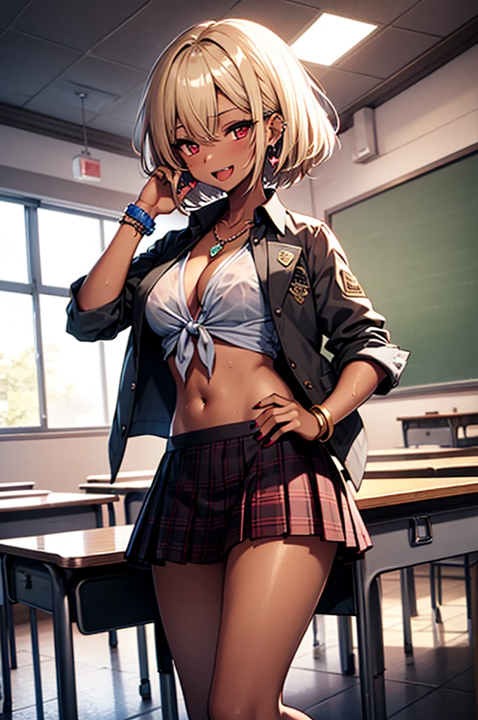 1girl, indoors, shirt, breasts, navel, tied shirt, solo, jewelry, skirt, bracelet, red eyes, blonde hair, short hair, smile, looking at viewer, red skirt, large breasts, plaid skirt, open mouth, wet, plaid, dark-skinned female, wet shirt, dark skin, necklace, wet clothes, bangs, white shirt, cleavage, collared shirt, gyaru, window, :d, blush, hair between eyes, desk, classroom, earrings, pleated skirt, hand on hip, standing, collarbone, stomach, chair, see-through, midriff, miniskirt, shiny skin, school desk, hand up, cowboy shot, , thighs, teeth, school chair, day, groin, contrapposto, shiny, ear piercing, piercing, ass visible through thighs, no bra, dress shirt, sleeves rolled up, bead bracelet, stud earrings, long sleeves, tan, front-tie top, upper teeth only, see-through shirt, crop top, bangle, nail polish, fingernails, hand in own hair, sunlight, kogal, star (symbol), covered nipples, tiles, backlighting, wing collar, pendant, sweat, medium hair, beads, short sleeves, curtains, multiple earrings, wristband, open shirt, tile floor, no panties, open clothes, hair intakes, table, long fingernails, unbuttoned, cross necklace, heart necklace, lower teeth only, partially unbuttoned, microskirt, feet out of frame, simple background, cross, crossed bangs, chalkboard, star earrings, lowleg, bob cut, eyelashes, signature, medium breasts, legs apart, sidelocks, mole, navel piercing, tree, artist name, shiny hair, unbuttoned shirt, white background, ceiling, school, wet hair, arm up, hair tucking, bare legs, pink nails, no humans, sitting, hoop earrings, heart, buttons, skindentation, round teeth, white nails, long hair, red nails, Uniform distribution, see-through silhouette, socks, evening, fang, shadow, mole on breast, water, hand to head, sleeves past elbows, tongue, holding, nipples, pearl bracelet, glint,