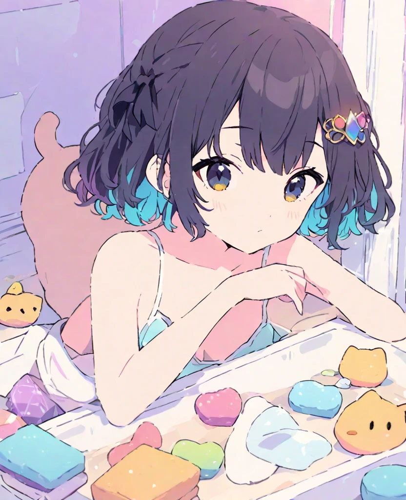 koseki-bijou/(Hololive/),(Flat Color:1.1), (colorful:1.3), (masterpiece:1.2), Highest quality, masterpiece, original, Highly detailed wallpaper, View your viewers, One girl, alone, Enter the bathhouse、Soak in the bathtub、Mount Fuji painting、Duck Toy、Cat ear、Black Hair、Hanging eyes、dog