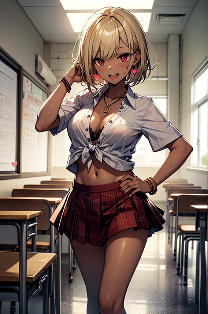 1girl, indoors, shirt, breasts, navel, tied shirt, solo, jewelry, skirt, bracelet, red eyes, blonde hair, short hair, smile, looking at viewer, red skirt, large breasts, plaid skirt, open mouth, wet, plaid, dark-skinned female, wet shirt, dark skin, necklace, wet clothes, bangs, white shirt, cleavage, collared shirt, gyaru, window, :d, blush, hair between eyes, desk, classroom, earrings, pleated skirt, hand on hip, standing, collarbone, stomach, chair, see-through, midriff, miniskirt, shiny skin, school desk, hand up, cowboy shot, , thighs, teeth, school chair, day, groin, contrapposto, shiny, ear piercing, piercing, ass visible through thighs, no bra, dress shirt, sleeves rolled up, bead bracelet, stud earrings, long sleeves, tan, front-tie top, upper teeth only, see-through shirt, crop top, bangle, nail polish, fingernails, hand in own hair, sunlight, kogal, star (symbol), covered nipples, tiles, backlighting, wing collar, pendant, sweat, medium hair, beads, short sleeves, curtains, multiple earrings, wristband, open shirt, tile floor, no panties, open clothes, hair intakes, table, long fingernails, unbuttoned, cross necklace, heart necklace, lower teeth only, partially unbuttoned, microskirt, feet out of frame, simple background, cross, crossed bangs, chalkboard, star earrings, lowleg, bob cut, eyelashes, signature, medium breasts, legs apart, sidelocks, mole, navel piercing, tree, artist name, shiny hair, unbuttoned shirt, white background, ceiling, school, wet hair, arm up, hair tucking, bare legs, pink nails, no humans, sitting, hoop earrings, heart, buttons, skindentation, round teeth, white nails, long hair, red nails, Uniform distribution, see-through silhouette, socks, evening, fang, shadow, mole on breast, water, hand to head, sleeves past elbows, tongue, holding, nipples, pearl bracelet, glint,