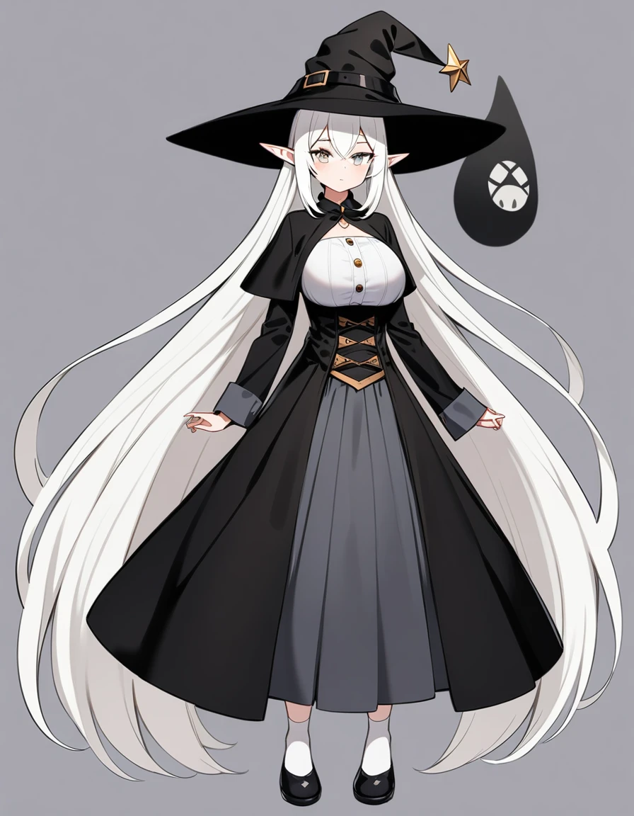 girl, White hair, Very long hair, elf, grey eyes, , black , big breasts, White socks, black обувь, witch hat, black witch hat, full height,