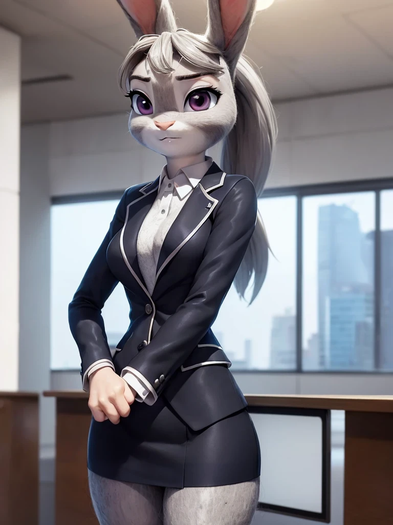 best quality, masterpiece, 3D anime, (((solo))), (((1girl))), ((Face is JudyHopps)), (long ears like a rabbit:0.8), Heir is in a black ponytail style, Body is human lady, Navy blue business suit, Tailored jacket, White blouse, Skirt, (the suit is made of wool:1.4), suit color is {gray, black, stripe}, ((skin is silver with fluffy and fluffy)), (portrait view), In the background there is a office space, Her expression shows subtle makeup, with a sense of nervousness and determination, ((Standing with a straight posture, Be mindful of correcting your posture))