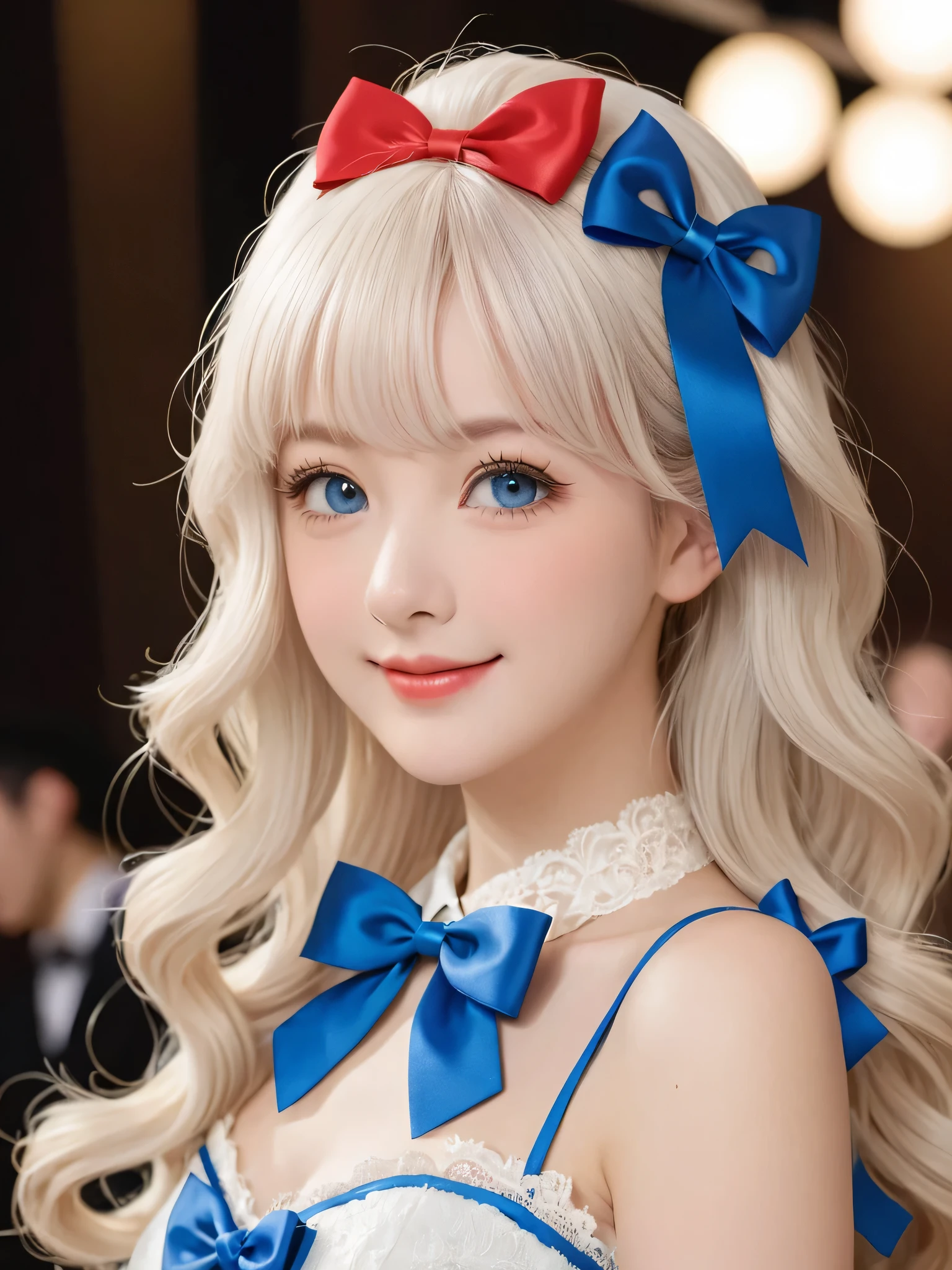 girl，single，Long hair，Looking at the audience，Bangs，blue eyes，Bow，Ribbon，Upper Body，White hair，Bow，bow tie，Lips，eyelash，蓝Bow，白Bow，Lace，curls，lifelike，Smiling