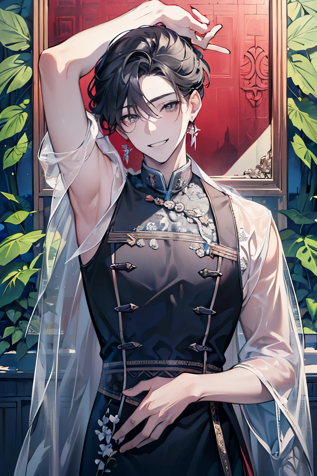 ((ars old men's:1.2)), masterpiece, best quality, braid hair, black hair, (portrait), shiny gray eyes, white See-through dress, palace,outdoors, garden,perfect hands,(check pattern costume:1.1),looking front,((Large and gorgeous earrings:1.1)),smile,((wave hair:1.2)),(NSFW:1.05),(arm up:1.3)