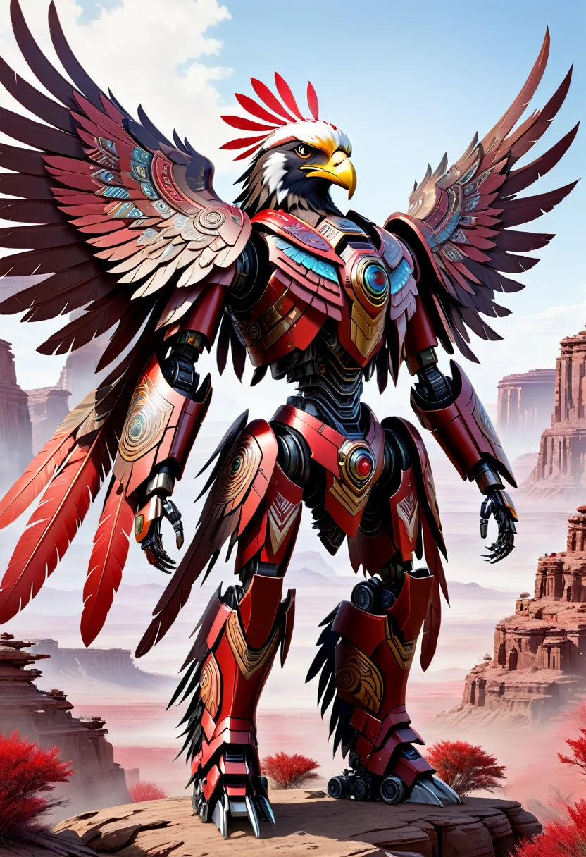 A majestic red Indian Apache-style droid mecha stands tall in the heart of a rugged, outdoor landscape. The mecha, adorned with intricate tribal patterns and feathers, proudly wears an eagle on its shoulder. The eagle's wings are spread wide, as if ready to take flight.