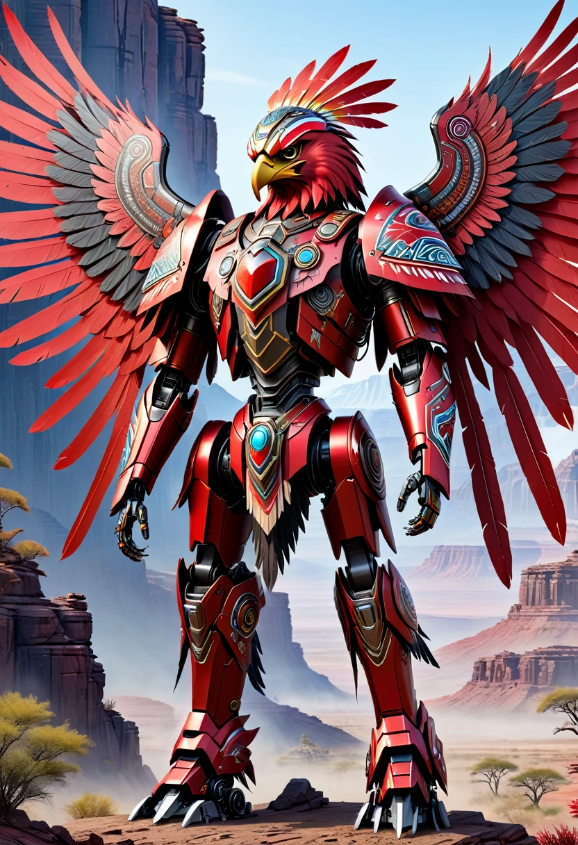 A majestic red Indian Apache-style droid mecha stands tall in the heart of a rugged, outdoor landscape. The mecha, adorned with intricate tribal patterns and feathers, proudly wears an eagle on its shoulder. The eagle's wings are spread wide, as if ready to take flight.