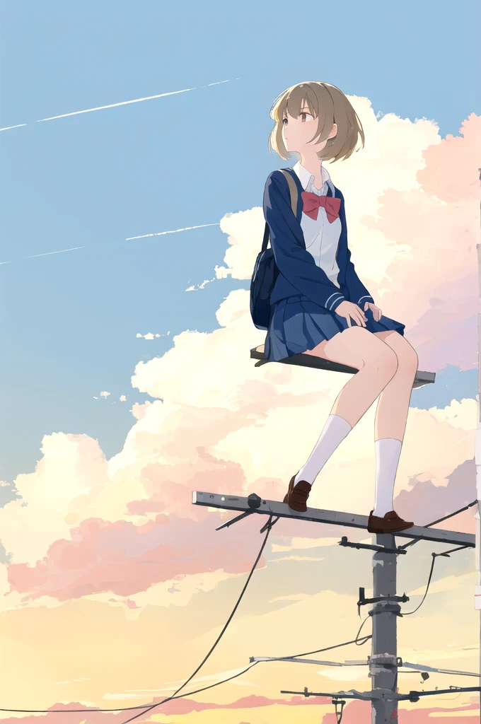 (best quality, masterpiece, highres),1girl,solo,student,school_uniform,short shaggy hair,sitting,in summer,
on utility pole,cloud,sky,